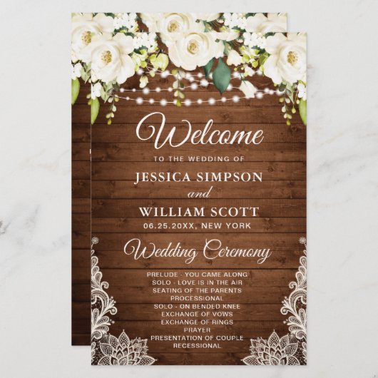 Elegant White Roses Lace Wedding Ceremony Programm (Voorkant / Achterkant)