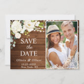 Elegant White Roses Lace Wood Rustic Wedding PHOTO Save The Date (Voorkant)