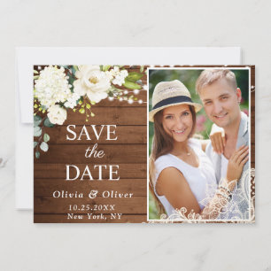 Elegant White Roses Lace Wood Rustic Wedding PHOTO Save The Date