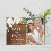 Elegant White Roses Lace Wood Rustic Wedding PHOTO Save The Date (Staand voorkant)