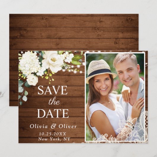 Elegant White Roses Lace Wood Rustic Wedding PHOTO Save The Date (Voorkant / Achterkant)