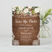 Elegant White Roses Lace Wood Rustic Wedding Save The Date (Staand voorkant)
