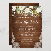 Elegant White Roses Lace Wood Rustic Wedding Save The Date (Voorkant / Achterkant)