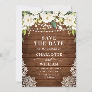 Elegant White Roses Lace Wood Rustic Wedding Save The Date