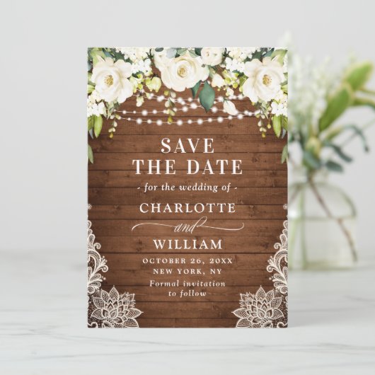 Elegant White Roses Lace Wood Rustic Wedding Save The Date (Staand voorkant)