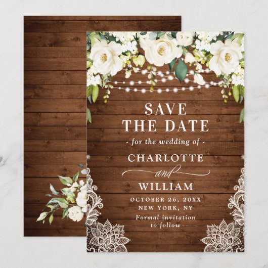 Elegant White Roses Lace Wood Rustic Wedding Save The Date (Voorkant / Achterkant)