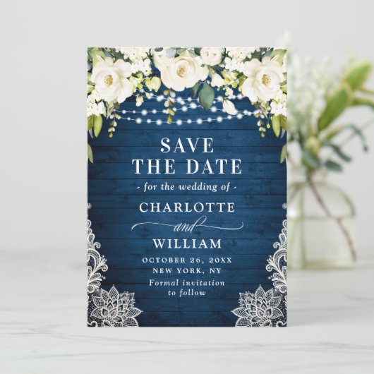 Elegant White Roses Lace Wood Rustic Wedding Save The Date (Staand voorkant)