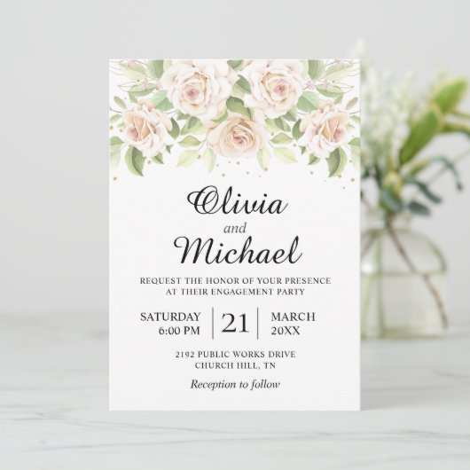 Elegant White Roses Minimalist Engagement Party Kaart (Staand voorkant)