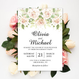 Elegant White Roses Minimalist Engagement Party Kaart