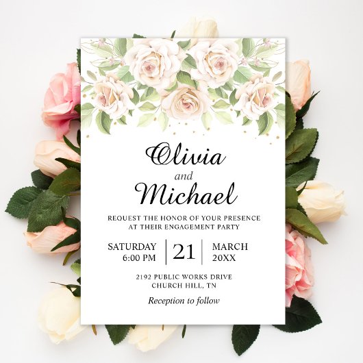 Elegant White Roses Minimalist Engagement Party Kaart