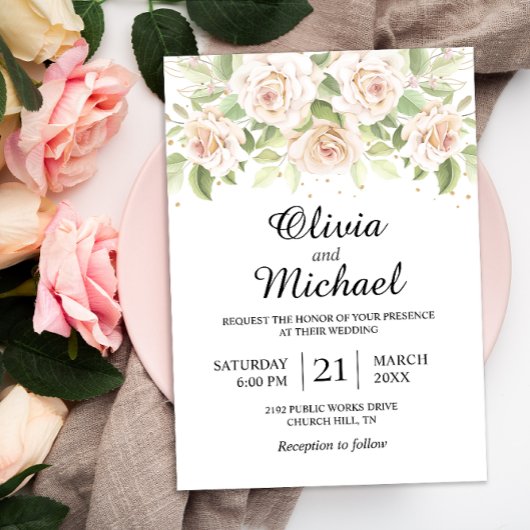 Elegant White Roses minimalist Wedding Invitation Kaart