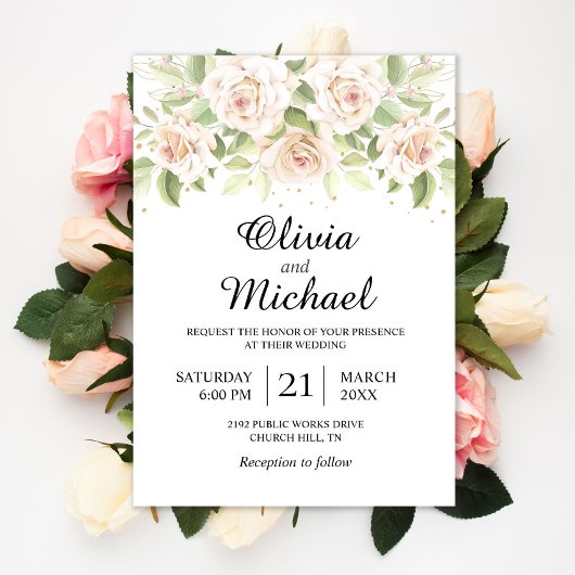 Elegant White Roses minimalist Wedding Invitation Kaart