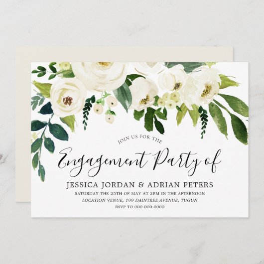 Elegant White Roses Moderne Engagement Party Kaart (Voorkant / Achterkant)