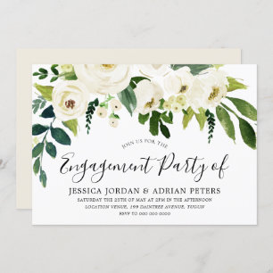Elegant White Roses Moderne Engagement Party Kaart