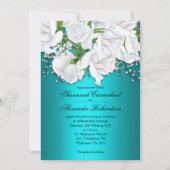 Elegant White Roses over Aqua Wedding Invitation (Voorkant)