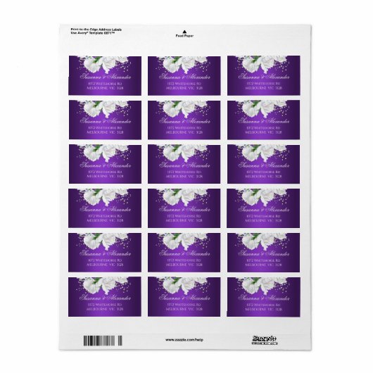 Elegant  White Roses Paars Wedding Etiket (Full Sheet)