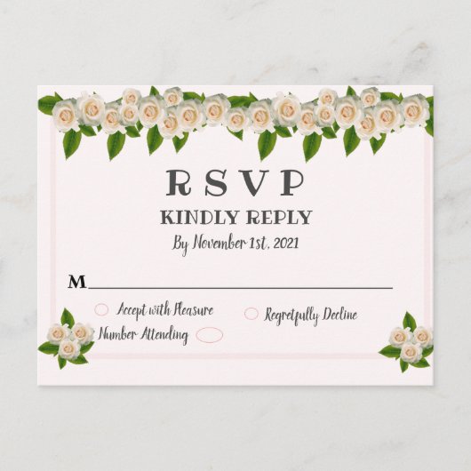 Elegant White Roses Pink Blush RSVP Briefkaart (Voorkant)