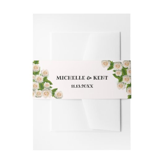 Elegant White Roses Pink Invitation Belly Band Uitnodigingen Wikkel (Voorkant Voorbeeld)