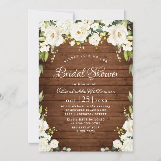 Elegant White Roses Rustic Wood Vrijgezellenfeest Kaart (Voorkant)