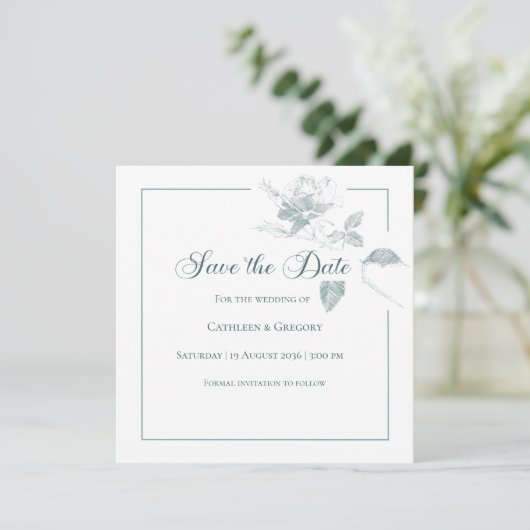 Elegant White Roses Sage Green Floral Wedding Save The Date (Staand voorkant)