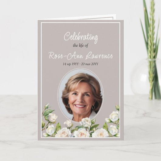 Elegant White Roses Taupe Funeral Folded Programma (Voorkant)