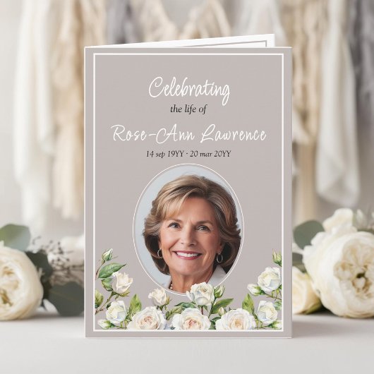 Elegant White Roses Taupe Funeral Folded Programma