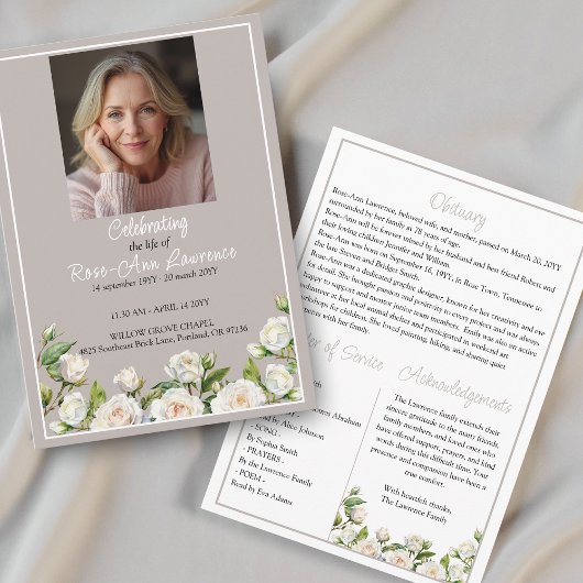 Elegant White Roses Taupe Funeral Folded Programmakaart