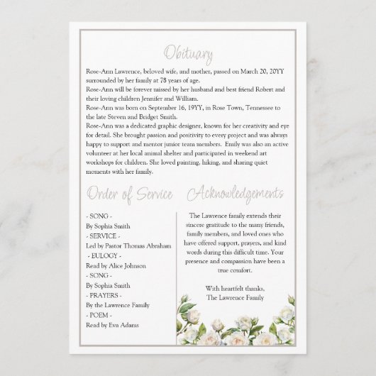 Elegant White Roses Taupe Funeral Folded Programmakaart (Achterkant)