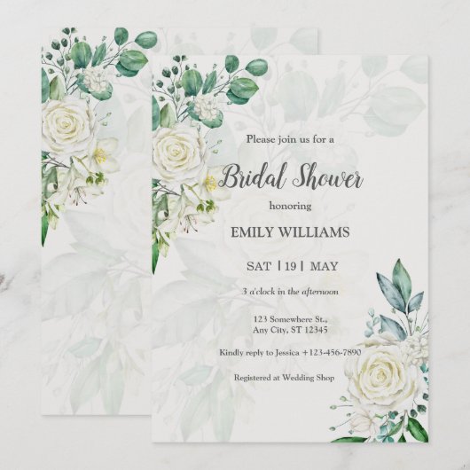 Elegant White Roses Watercolor Bridal Shower Kaart (Voorkant / Achterkant)