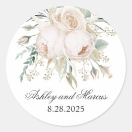 Elegant White Roses Waterverf Wedding Ronde Sticker