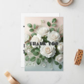 Elegant White Roses Wedding Hartelijk dank Notitiekaartje (Voorkant / Achterkant in situ)