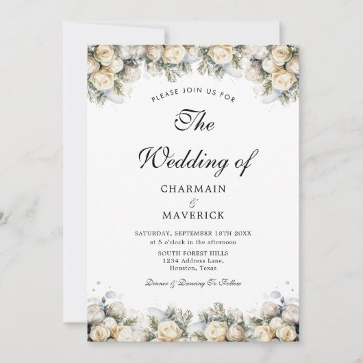 Elegant White Roses Wedding Kaart (Voorkant)