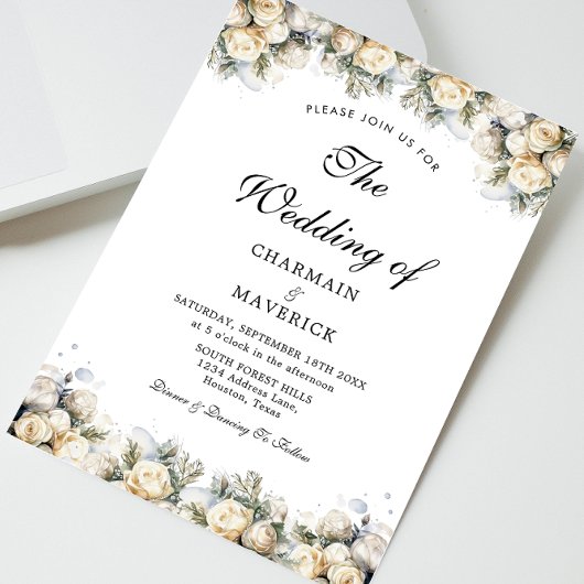 Elegant White Roses Wedding Kaart