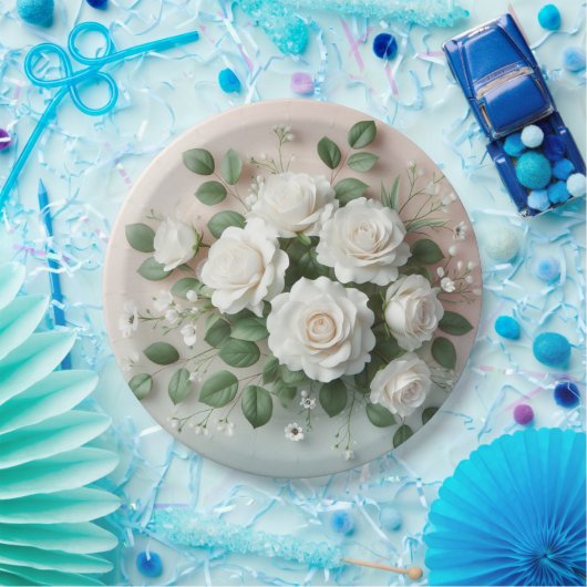 Elegant White Roses Wedding Papieren Bordje (Feest)