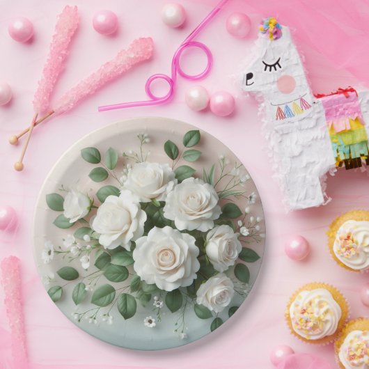 Elegant White Roses Wedding Papieren Bordje (Feest)