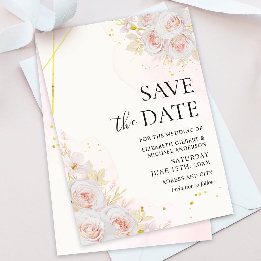 Elegant White Roses Wedding Save the Dates Kaart