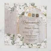 Elegant White Roses Western Rustic Quinceanera Inv Kaart (Voorkant / Achterkant)