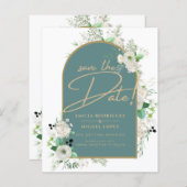 Elegant White Roses Zee Glass Arch Save Date (Voorkant / Achterkant)