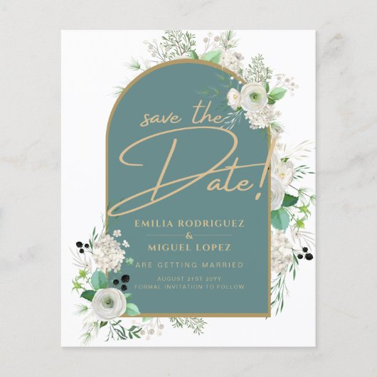 Elegant White Roses Zee Glass Arch Save Date (Voorkant)