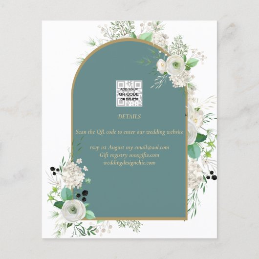 Elegant White Roses Zee Glass Arch Save Date Flyer (Achterkant)