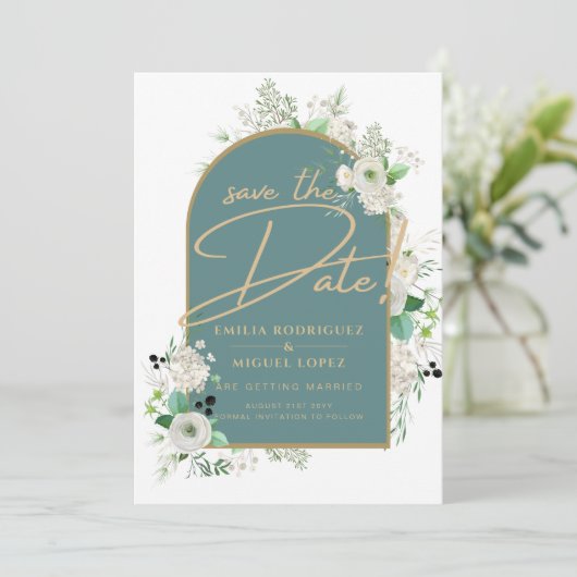 Elegant White Roses Zee Glass Arch Save Date Kaart (Staand voorkant)