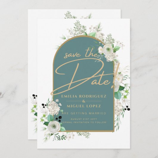 Elegant White Roses Zee Glass Arch Save Date Kaart (Voorkant / Achterkant)