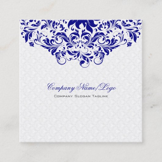 Elegant White & Royal Blue Damasks & Swirls Vierkante Visitekaartje (Voorkant)