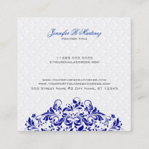 Elegant White & Royal Blue Damasks & Swirls Vierkante Visitekaartje