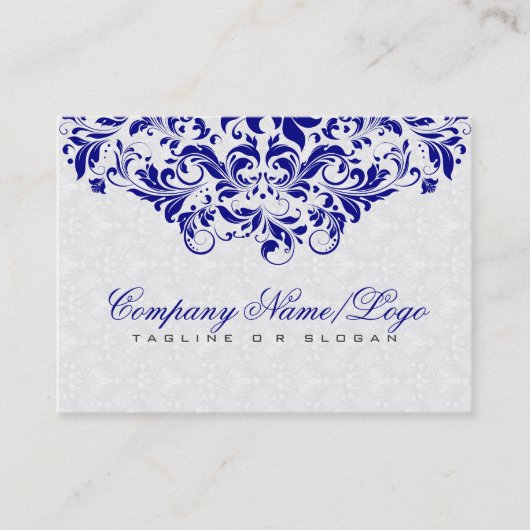 Elegant White & Royal Blue Damasks & Swirls Visitekaartje (Voorkant)