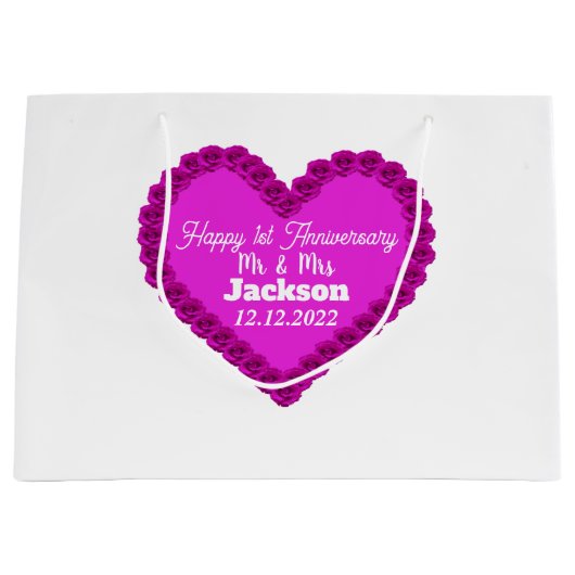 Elegant White & Roze Heart Happy 1st Jubileum Groot Cadeauzakje (Voorkant)