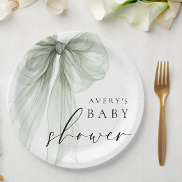 Elegant White Sage Green Bow Baby Shower Papieren Bordje