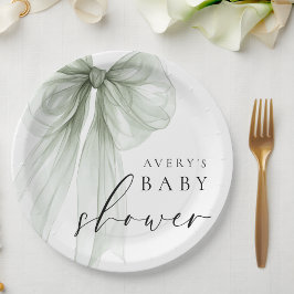 Elegant White Sage Green Bow Baby Shower Papieren Bordje