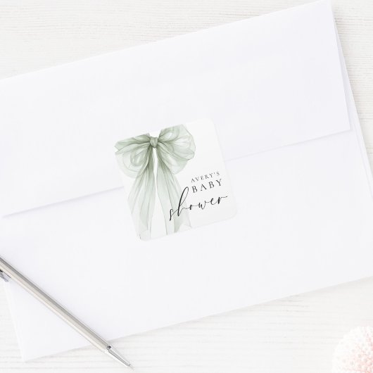 Elegant White Sage Green Bow Baby Shower Vierkante Sticker