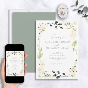 Elegant White Sage Green Floral Botanical Wedding Kaart